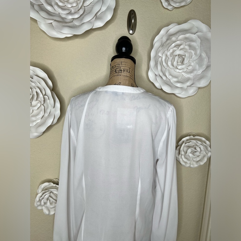 Boston Proper White Sheer Button Down Ruffle Feont Blouse with Darts Sz 16 - Picture 11 of 15